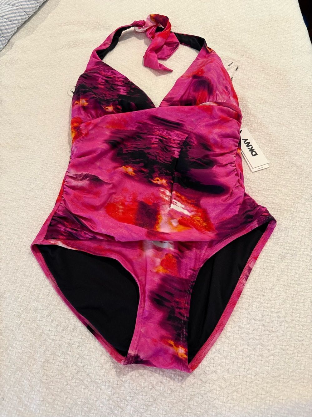 DKNY Boho Pink mixed Halter One-Piece Swimsuit - Picture 2 of 8